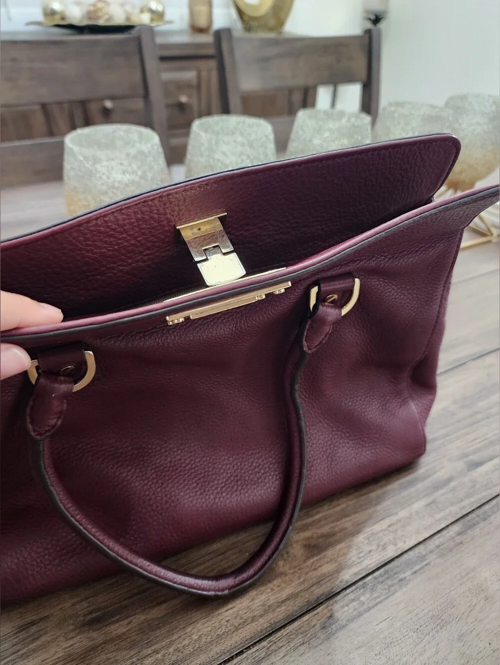 Michael Kors Burgundy Pebbled Leather Tote with Gold Hardware